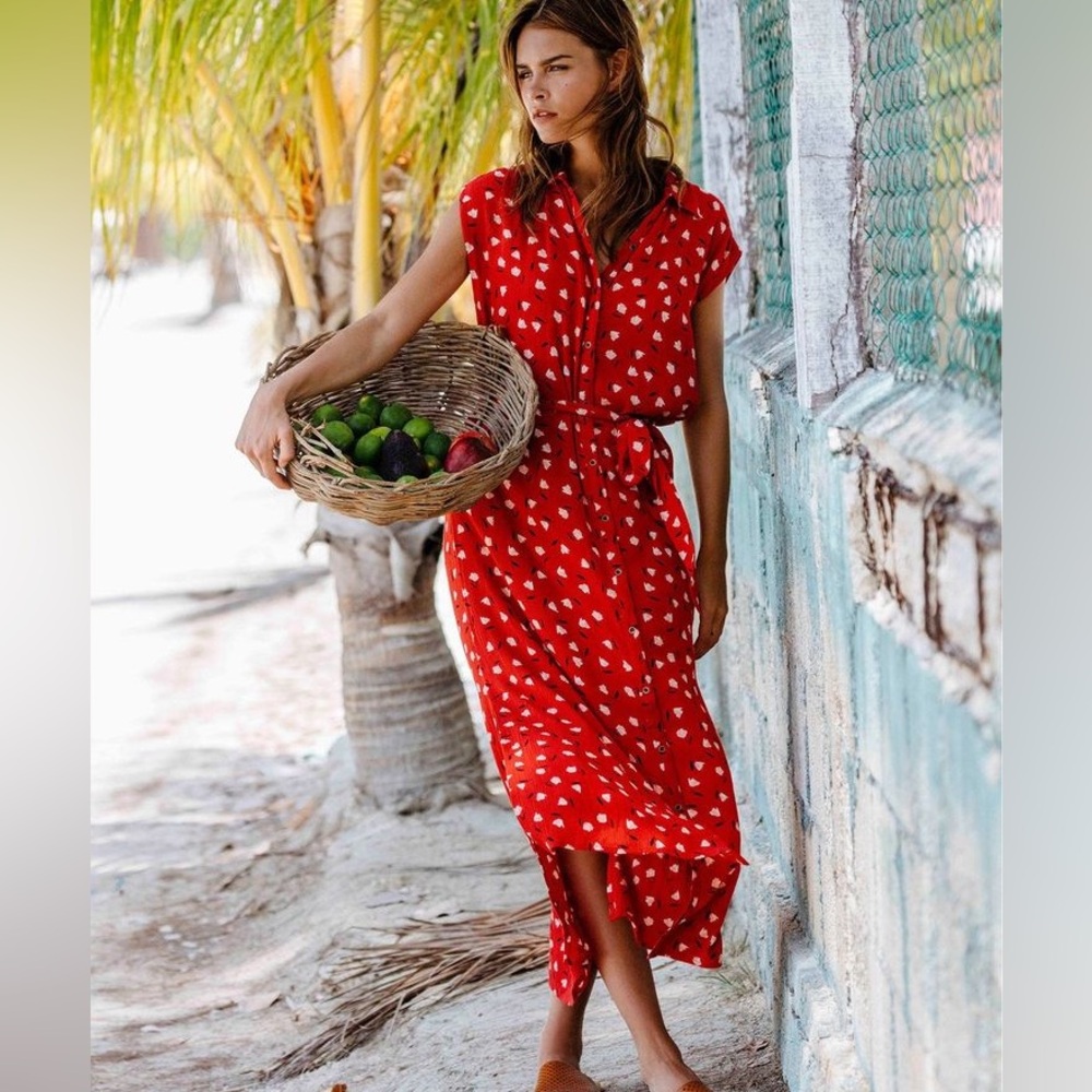 Billabong Little Flirt Havana Red Floral Print Button Down Midi Dress size M
